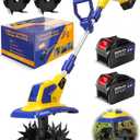 21V Cordless Tiller Cultivator, 720RPM Electric Garden Tiller, with 2 * 6.0Ah Batteries & Charger, 1 * Soil Tilling Blade and 1 * Weed Removal Blade for Lawn/Gardening/Soil Cultivation (Yellow)