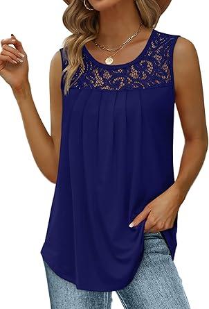 Saloogoe Summer Tank Tops for Women Loose Fit Pleated Tunics Scoop Neck Sleeveless Lace Tops Curved Hem Flowy 2XL