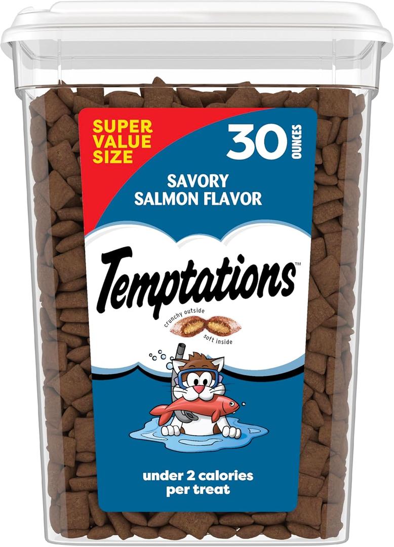 Temptations Cat Treats Classic Crunchy and Soft Cat Treats, Savory Salmon Flavor, 30 oz. Tub (1.88 Pound (Pack of 1))