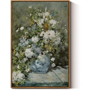 ARPEOTCY Floral Framed Canvas Print Wall Decor, Vintage French Flower Large Wall Art Home Decor, Ceramic Vase Floral Oil Painting for Living Room, Office Decoration, 20x30 inch