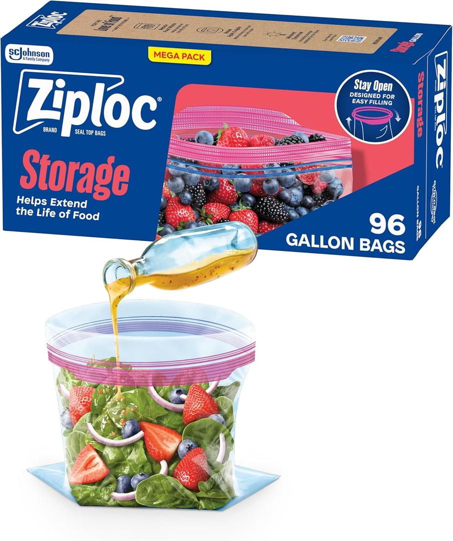 Ziploc Gallon Food Storage Bags, Stand-Up Bottom, Easy to Fill, 96 Count