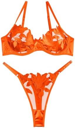 Lilosy Sexy Satin Mesh Floral Sheer Embroidered Underwire Lingerie Set 2 Piece Women, M