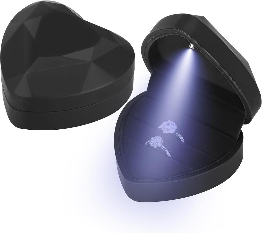 LETURE Heart Shaped Wedding Ring Gift Box with LED Light, Double Ring Boxes with 2Slots for Engagement Proposal Ceremony, Small Jewelry Holder Display Case for Women Girl (Black)