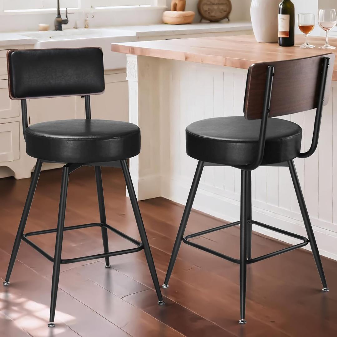 Bar Stools, 25 Inch Swivel Counter Height Bar Stools Set of 2, Black Faux Leather Swivel Bar Stool with Wood Back & Metal Legs for Kitchen Island Pub, Black