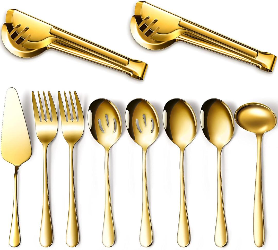 Patelai Serving Utensils Set Include Stainless Steel Large Spoons Slotted Spoons Forks Tongs Soup Ladle and Pie Server for Parties Buffet Catering, Dishwasher Safe(Gold,10 Pieces)