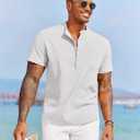 COOFANDY Men's Casual Henley Shirt Short Sleeve Summer Beach Band Collar Shirt Hippie Henley T-Shirts with Pocket (L)