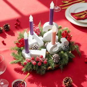 44 Pcs Advent Wreath Candle Holder Kit 4 Flameless Advent Candles Wooden Adventus Candleholder Stand Artificial Norfolk Cedar Berry Picks for Adventus Gifts Christmas Wreath Tabletop Decor
