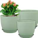 WSMKSZ Medium Plant Pots 10/9/8 inch, Flower Pots for Indoor Outdoor Plants, Set of 3 Modern Decorative Plastic Planters with Drainage Holes and Saucers for House Porch Garden Plants, Green