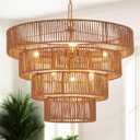 Boho Rattan Chandelier Farmhouse 6-Lights Hand-Woven Bamboo Chandelier Light Fixture Vintage Rustic Wicker Rattan Golden Chandeliers for Dining Room, Bedroom, Kitchen, Living Room, E12 (Gold 19.7")