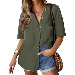 HOTOUCH Linen Shirts for Women Button Down Shirt Cotton Short Sleeve Collared Loose Fit Blouse Drop Shoulder Casual Tops, Green, Large HOTOUCH Linen Shirts for Women Button Down Shirt Cotton Short Sleeve Collared Loose Fit Blouse Drop Shoulder Casual Tops, Green, Large