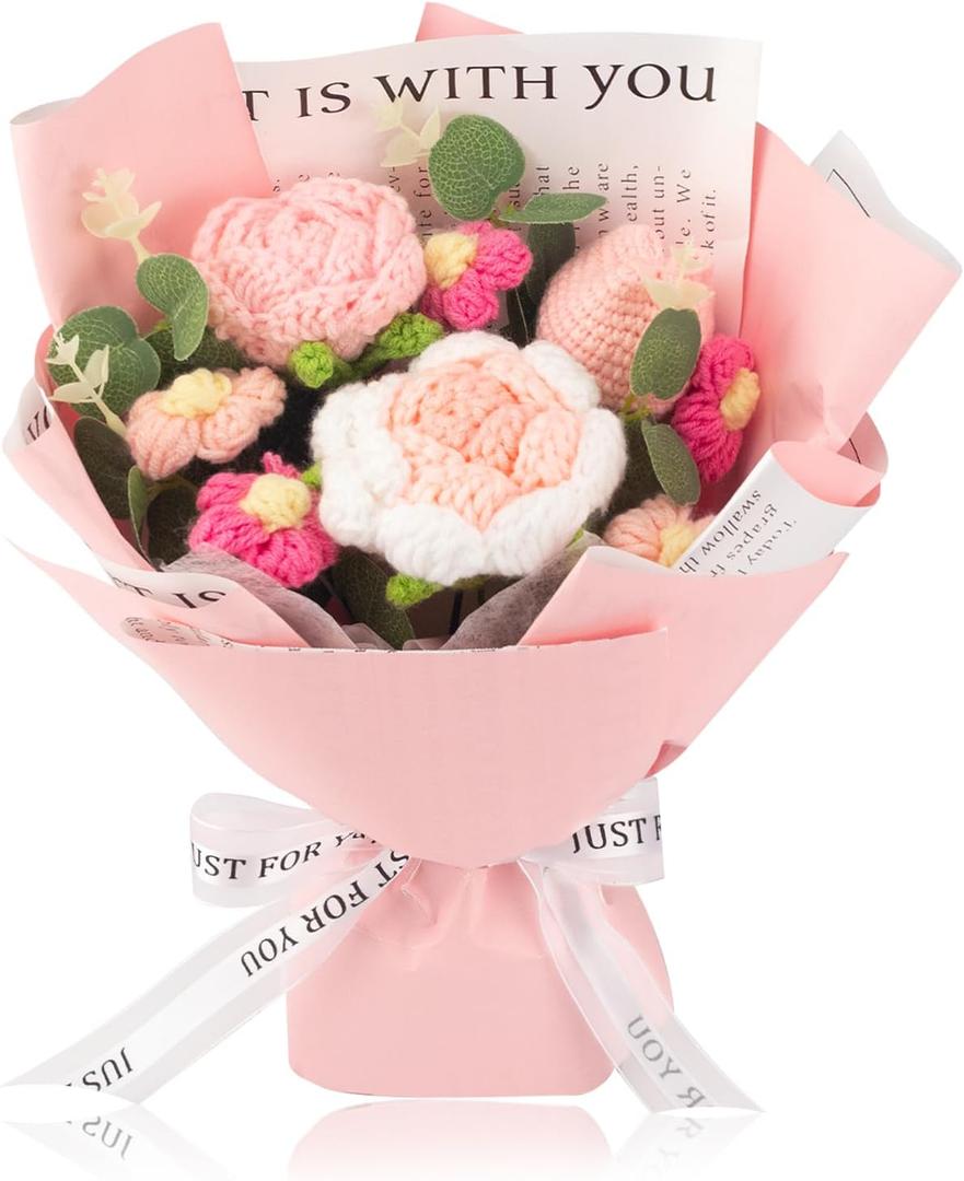 Crochet Flower Finished BouquetHandmade Roses Bouquet,Knitted pink Yarn Flower as a Gift and Home Decor for Lover, Family, Friends 