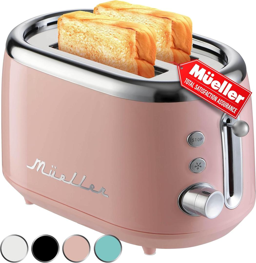 MELLERHOME Retro Toaster 2 Slice, 7 Browning Levels, 3 Functions (Reheat, Defrost, Cancel), Stainless Steel Features, Removable Crumb Tray, Under Base Cord Storage, Pink Kitchen Accessories Dcor