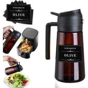 Oil Sprayer for Cooking, 16oz Glass Olive Oil Dispenser Bottle for Kitchen Gadgets, 2 in 1 Spray and Pour Dark Brown Bottle with Stickers for Air Fryer, Salad