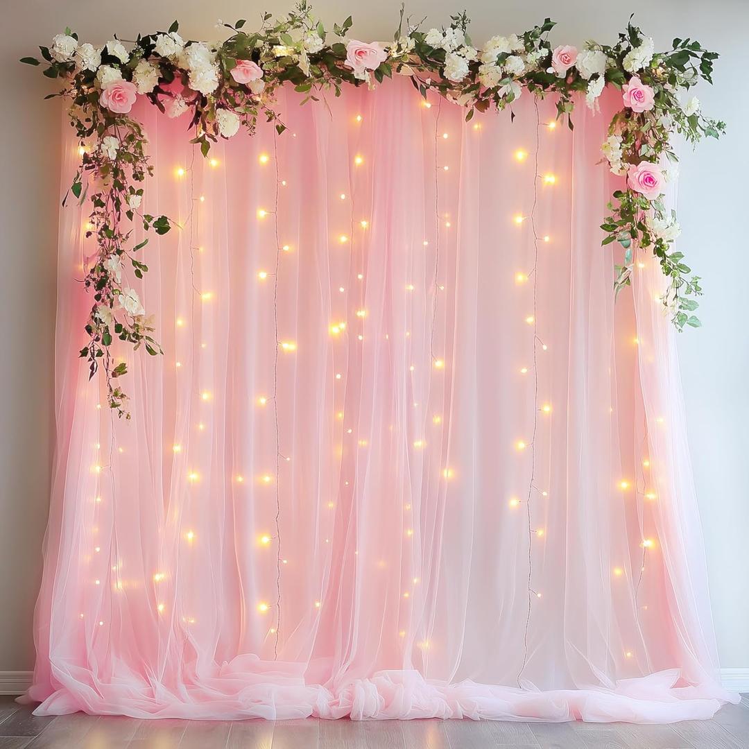 Xiomot Tulle Backdrop Curtain with Lights String 10FT X 8FT Pink Sheer Tulle Backdrop Curtains for Wedding Birthday Party Reception Photo Booth Background Decorations (2 Panels 5x8FT)