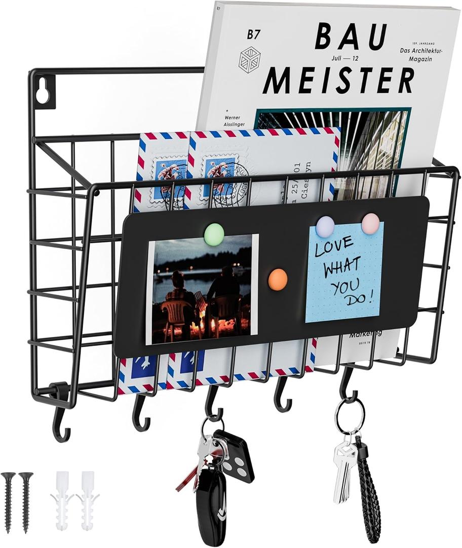 Baeymonkay Easy Assembly and Installation Iron Key Holder Wall Mount, Mail Organizer for Wall, Matte Black Finish, Extra Large Storage Space for Mail, Mail Holder Features 5 Hooks, Key Rack Hanger