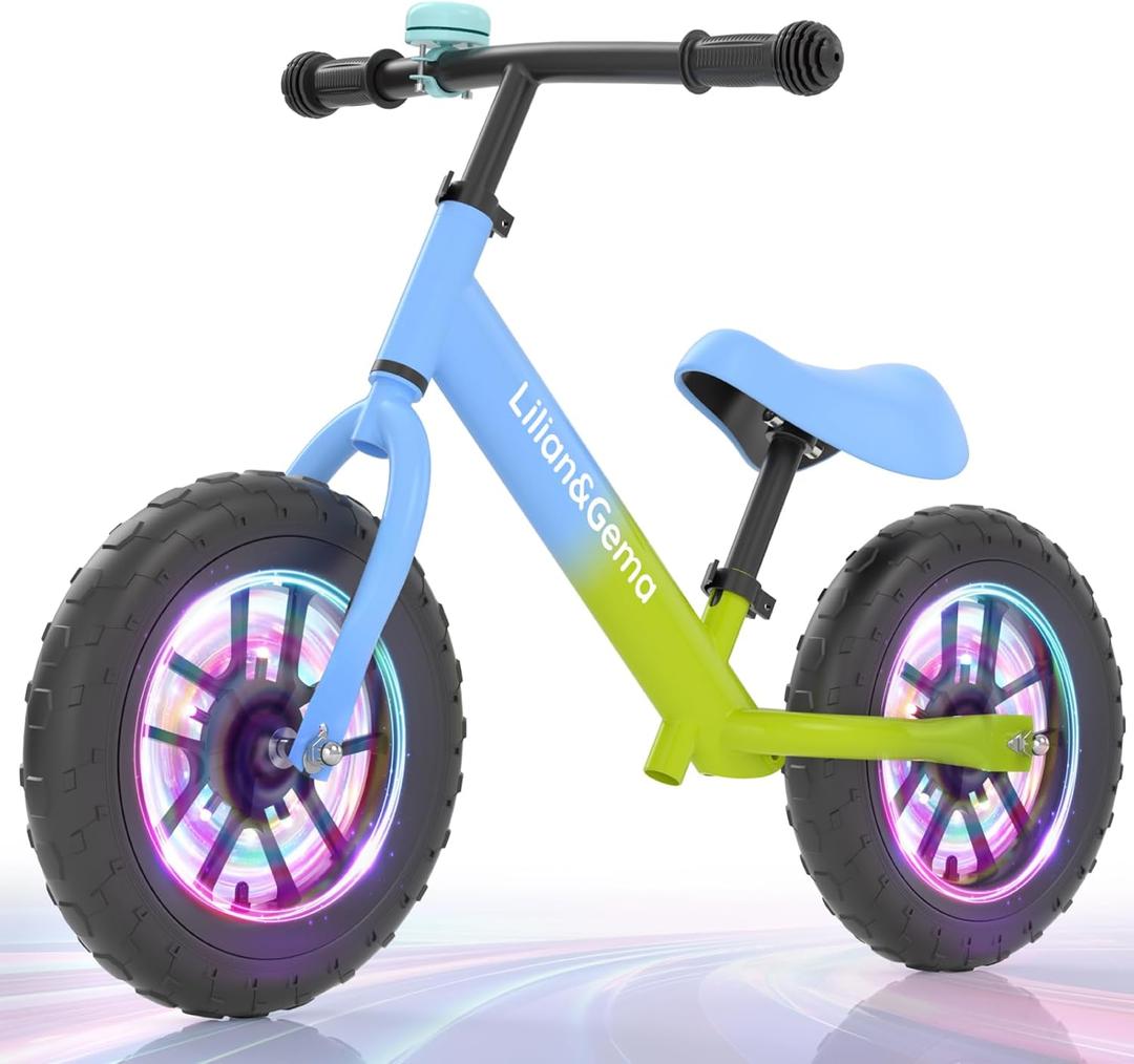 Lilian&Gema Balance Bike, Colorful Lighting Toddler Balance Bike, No Pedal Toddler Bikes with Adjustable Handlebar & Seat (blue)
