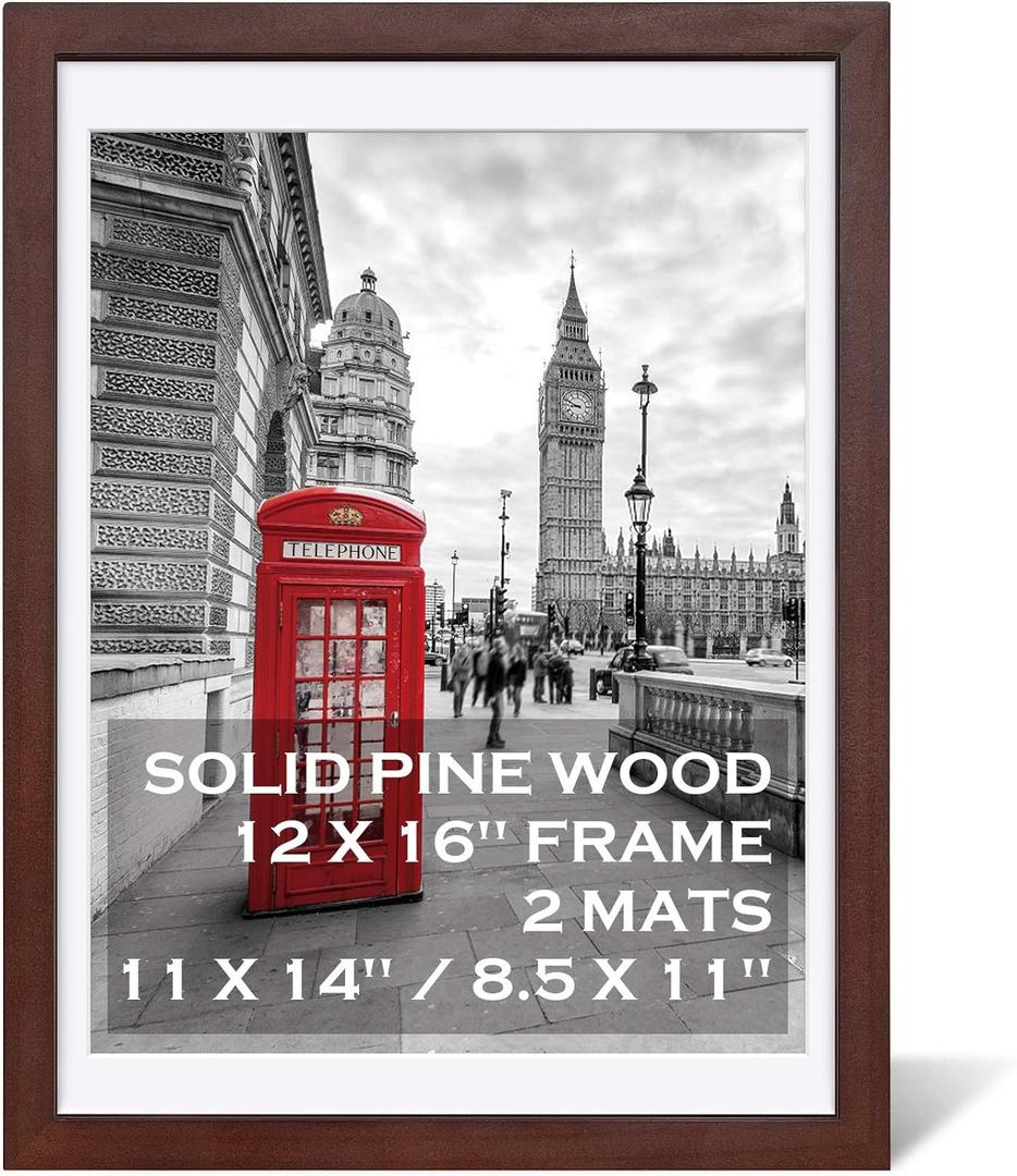 12x16 Picture Frames Dark Cherry Made of Solid Wood Display Pictures 11X14 Inch or 8.5x11 with Mat or 12x16 Inch without Mat for Wall Mounting and TableTop - Picture Frame 11X14 with 2 Mats - 1 Pack