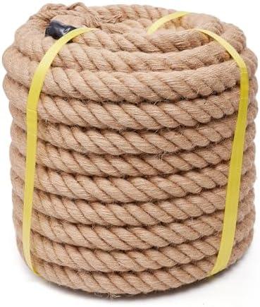 Jute Rope Heavy Duty 2 Inch 25 Feet, Natural Hemp Rope, Twisted Hemp Rope for Crafts, Gardening, Bundling, Climbing, Hammock, Nautical rope, Tug of War rope, Railings, Home Decorating (2 Inch×25 Feet)