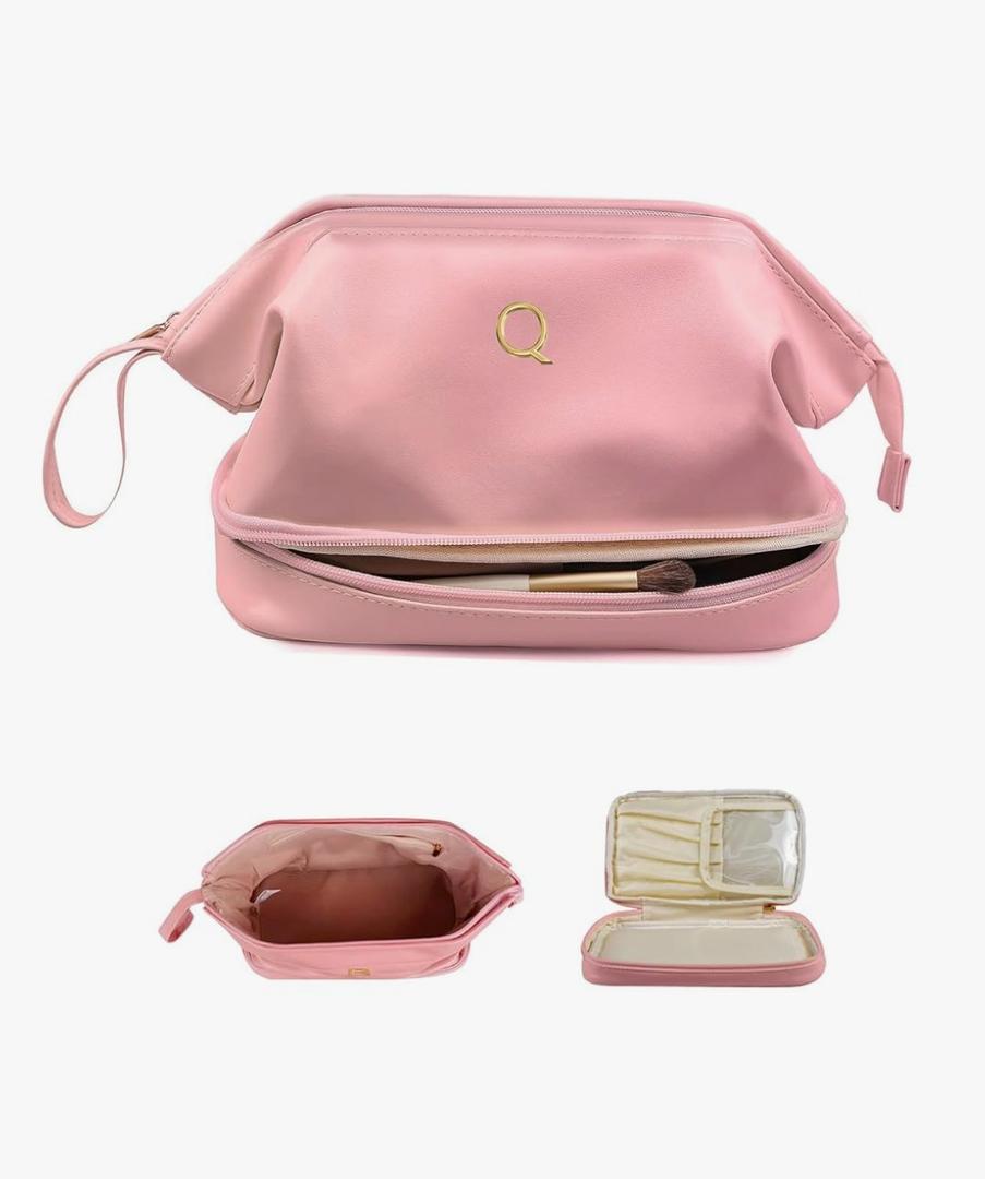 Vogewood Bridesmaid Gift, Initial Makeup Bags, Personalized Double Layer Cosmetic Bag with Makeup Brush Organizer, Waterproof, Large Capacity PU Leather Travel Toiletry Bag