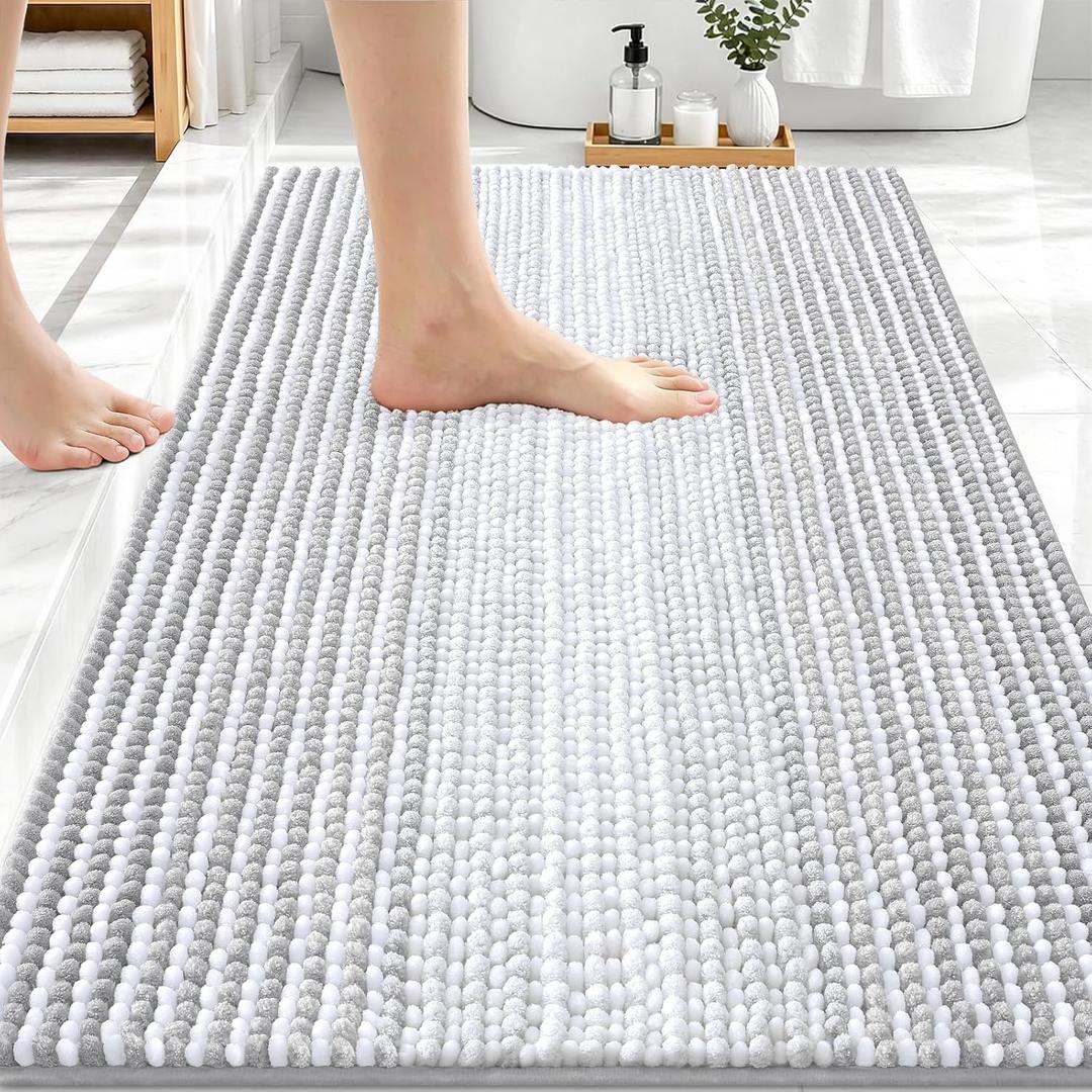 OLANLY Bathroom Rugs 30x20, Extra Soft Absorbent Chenille Striped Bath Rugs, Rubber Backing, Machine Wash Dry, Bath Mats for Bathroom Floor, Tub and Shower, Home Decor Accessories, Light Grey