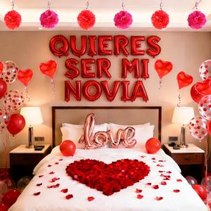 Red 16" Quieres Ser Mi Novia Balloons Letters Set- 10Pcs Heart Balloons, LOVE Alphabet Foil Mylar Balloons with 1000 Pcs Artificial Rose Petals for Valentines Day Decorations