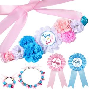 Riceshoot Boy or Girl Maternity Flower Sash and Corsage Set Gender Reveal Decorations Mom to Be Dad to Be Pin with Headband Wristband for Baby Shower Gender Reveal Party Pregnancy Props Keepsake Gifts