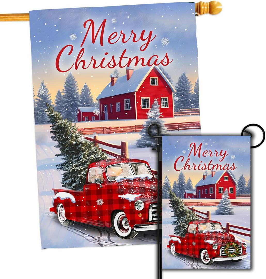 Merry Christmas Flag, Set 2 Merry Christmas Red Truck House Flag 28x40 and Christmas Garden Flag 12x18 Double Side, Winter Decorations Flag for Holiday Yard Lawn Outdoor Dcor