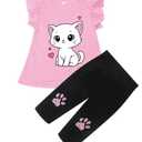 Popshion Kids Girls Summer Outfit Flutter Sleeve Low High Cat T Shirt Capris Leggings Toddler 2 Piece Clothes Set, 5-6 Years/6t