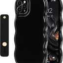 NITITOP Compatible with iPhone 11 Pro Max Case Cute Simple Wave Design Stylish Wavy Curly Frame with Wrist Adjustable Hand Strap Kickstand Grip Holder Soft Silicone Protective Cover - Black