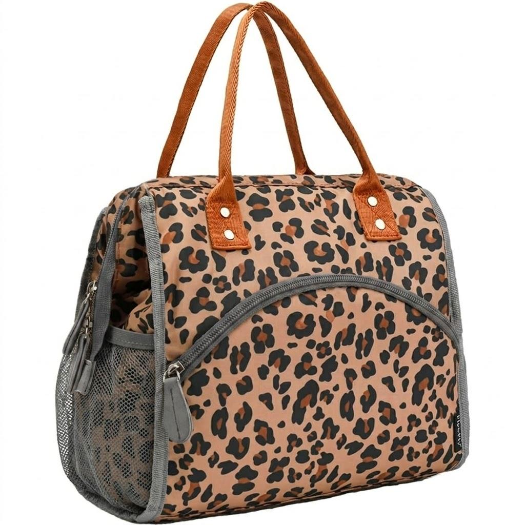 FlowFly Insulated Lunch Bag Wide-Open Lunch Box Large Tote Leakproof Cooler with Drink Holder and Multi Pockets for Women Men Adult Kids Work Picnic Travel Beach Hiking, Leopard