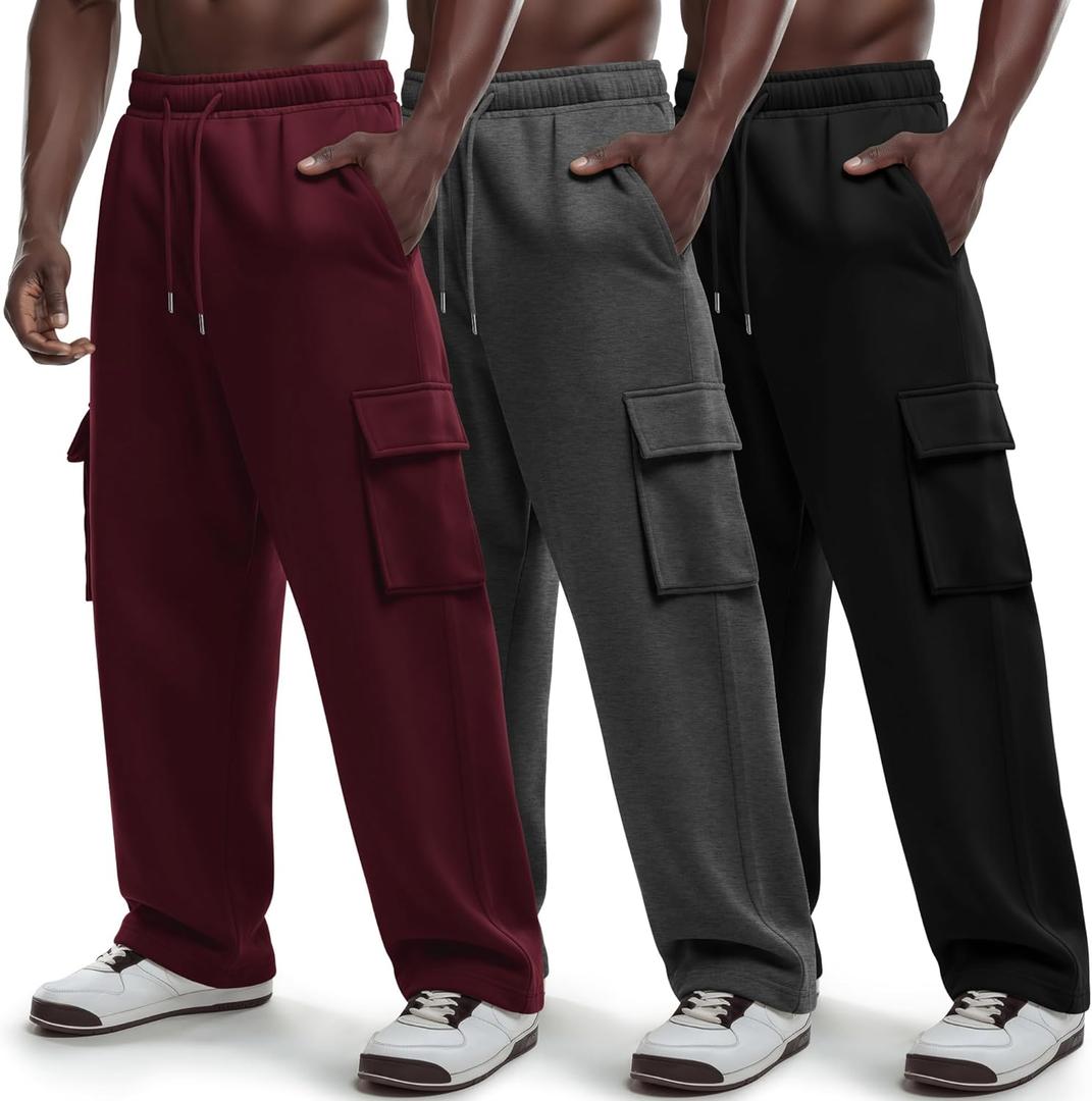 Neer 3 Pack Men's Cargo Sweatpants Wide Leg Track Pants Athletic Open Bottom Joggers Drawstring Lounge Pants with Pockets, Large