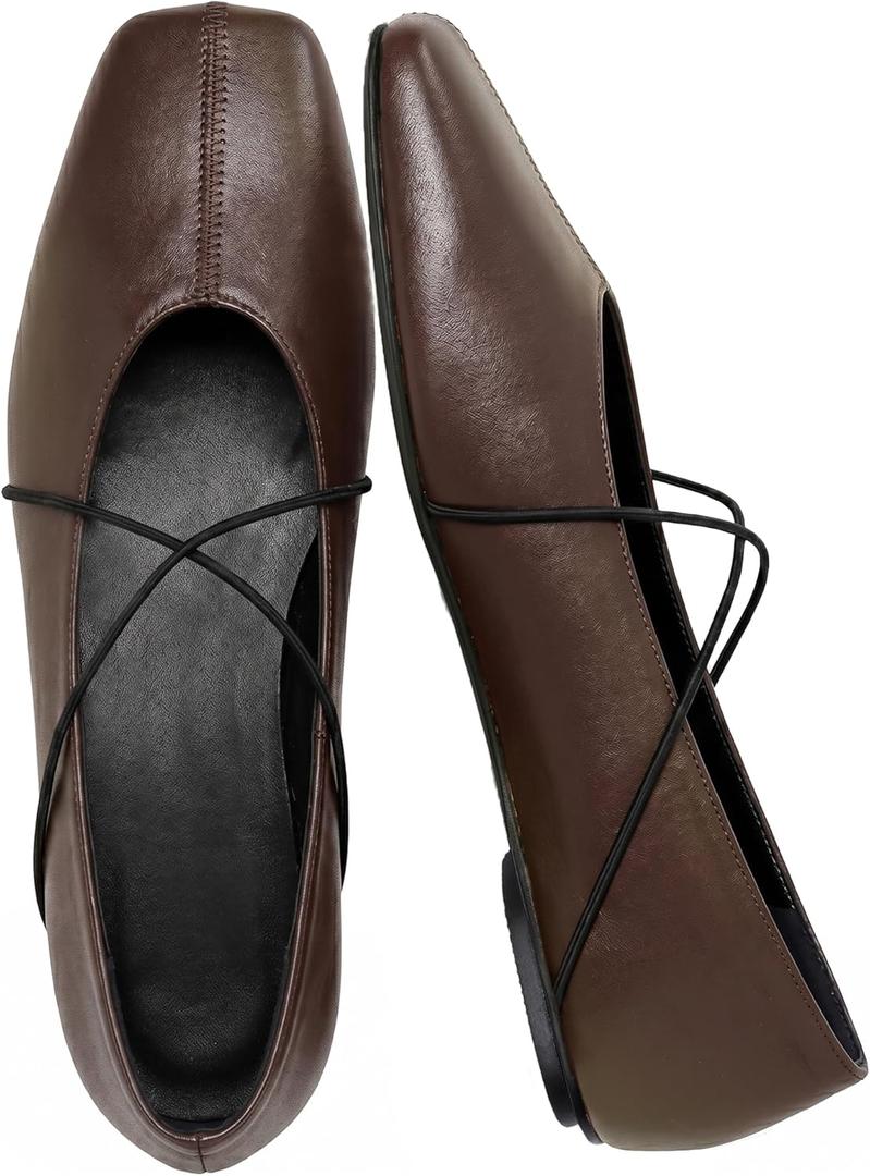 Women's Square Toe Ballet Flats Criss-Cross Straps Comfortable Slip On Mary Jane Flat Shoes for Office Work Casual(Brown, 7.5)