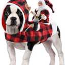 Dog Christmas Costume Running Santa Claus Riding on Pet Christmas Winter Plaid Hoodie Coat for Dog Cat Christmas Holiday Outfit Pet Xmas Dog Clothes S