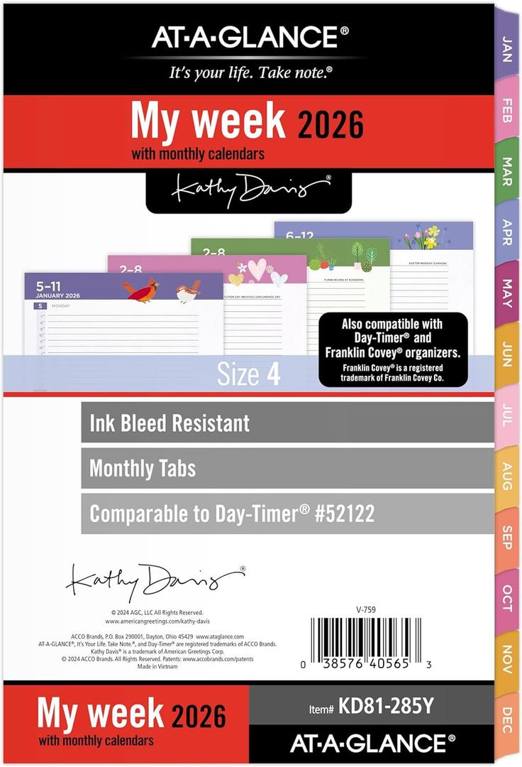 AT-A-GLANCE 2026 Planner Refill, Weekly & Monthly, 5.5" x 8.5", Size 4, Desk Size, 52122 Day-Timer, Kathy Davis (KD81-285Y-26)