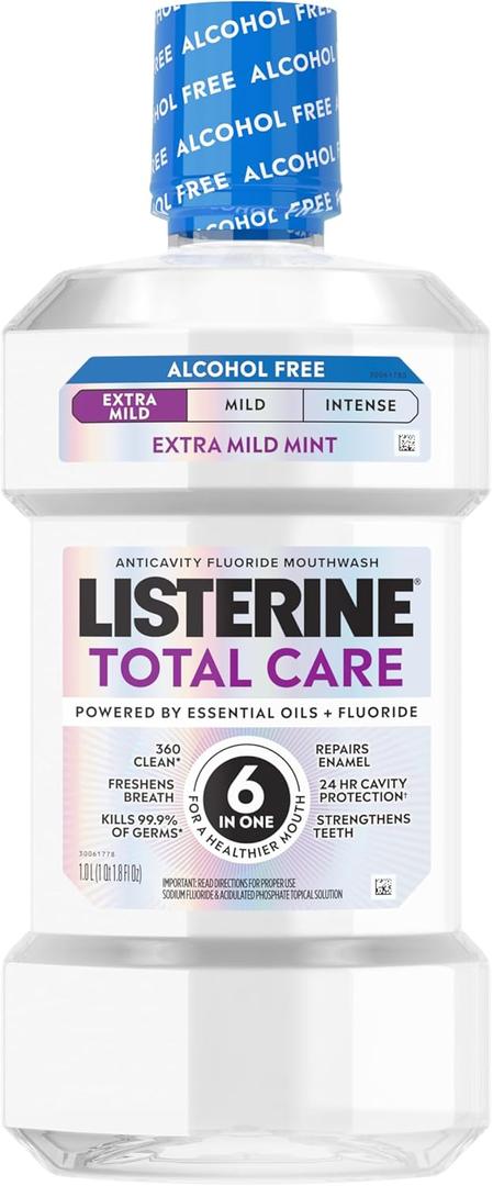 Listerine Mouthwash Total Care Anticavity Treatment for Adults Kills 99.9% of Bad Breath Germs Extra Mild Mint No Burn Alcohol Free Fluoride Mouthwash, 8.5 fl oz