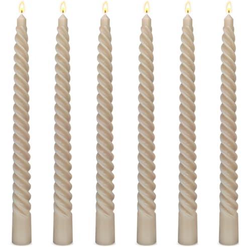 6 Pack 10 Inch Light-Mocha Spiral Taper Candles for Home Decor, Unscented Dripless Twisted Candlesticks for Weddings Dinner Holiday Decoration Formal Events