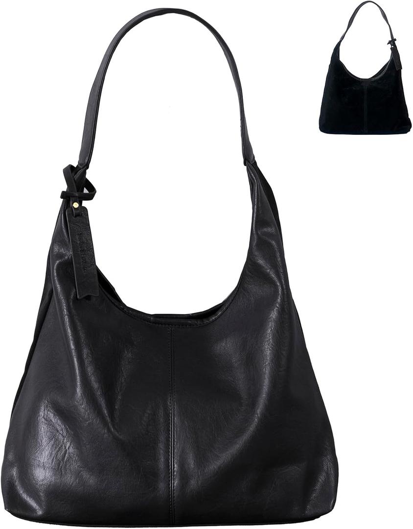Soft PU Leather and Suede Tote Bag Shoulder Bag for Women - Large Capacity Hobo Bag with Interior Pockets, Black