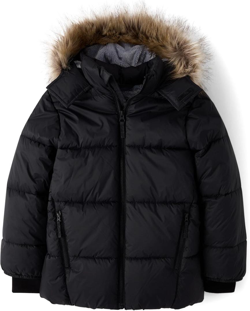 The Children's Place, Boys, Water and Wind Resistant Hooded Zip Front Parka Jacket, Black Faux Fur, X-Small