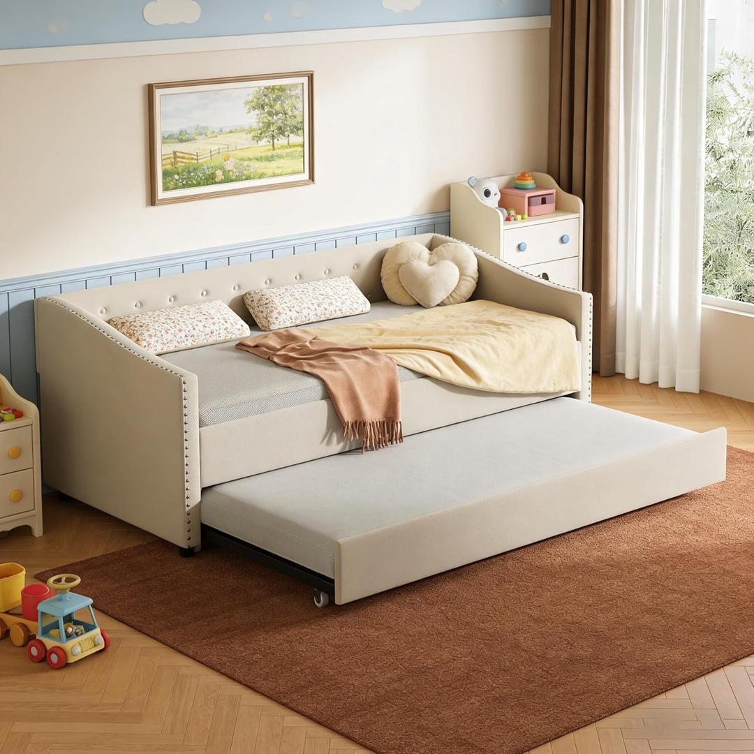 FAVSH Upholstered Daybed with Trundle, Twin Size Day Bed w/Button-Tufted Back and Piping on Waved-Shape Arms for Bedroom or Guest Room, No Box Spring Required,Beige