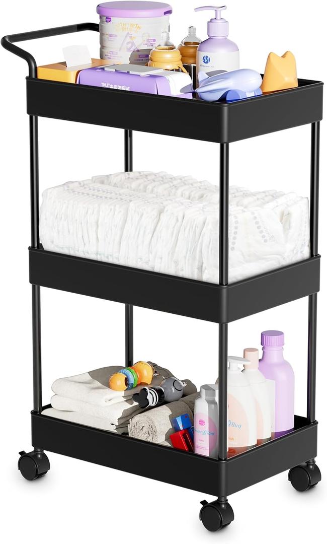 Baby Diaper Caddy  Plastic Diaper Organizer for Nursery Essentials, Movable Cart for Changing Table & Crib, Easy to Assemble, Black