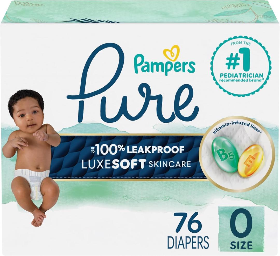 Pampers Pure Protection Baby Diapers, Size 0 (>10 lbs), 76 Count, Up to 100% Leakproof, Premium Plant-Based Skin Protection, Hypoallergenic Soft Diapers (Newborn)