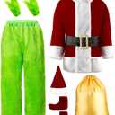 Mojonnie Green Costume Adult 8PCS Adult Halloween Christmas Santa Claus Costume for Men Santa Suit Furry Cosplay Suit (Large)