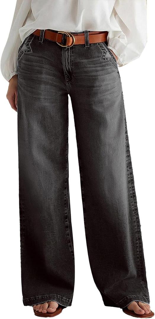 Flamingals Wide Leg Jeans for Women Mid Waist Baggy Stitch Decor Denim Washed Pants Without Belt, Small