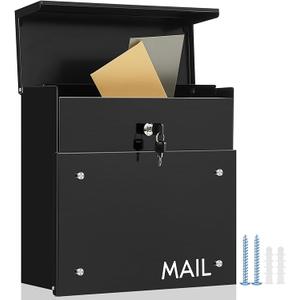Yaocom Wall Mounted Modern Locking Mailbox 14.25" x 14" x 5.75" Large Capacity Metal Mail Box with Key Lock Galvanized Steel Security Lock Drop Black Postbox Rustproof Mailbox for Outside Home Office
