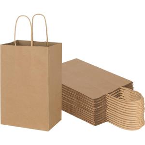 Toovip 50 Pack 5.25x3.25x8.25 Inch Small Plain Brown Kraft Paper Bags with Handles Bulk, Gift Bags for Favor Grocery Retail Party Birthday Shopping Business Goody Craft Merchandise Take Out Sacks