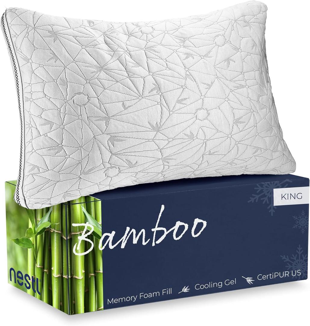 Nestl Gel-Infused Memory Foam Pillow | Shredded Memory Foam Pillow | Cooling Pillow Cover | CertiPUR US Approved | Pillows for Sleeping - King - 1 Pack