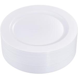 I00000 50Pcs White Plastic Dinner Plates 10.25 Inch, Premium Disposable Party Plates, Safe and Reusable, Heavy Duty Plastic Plates Perfect for Wedding & Party