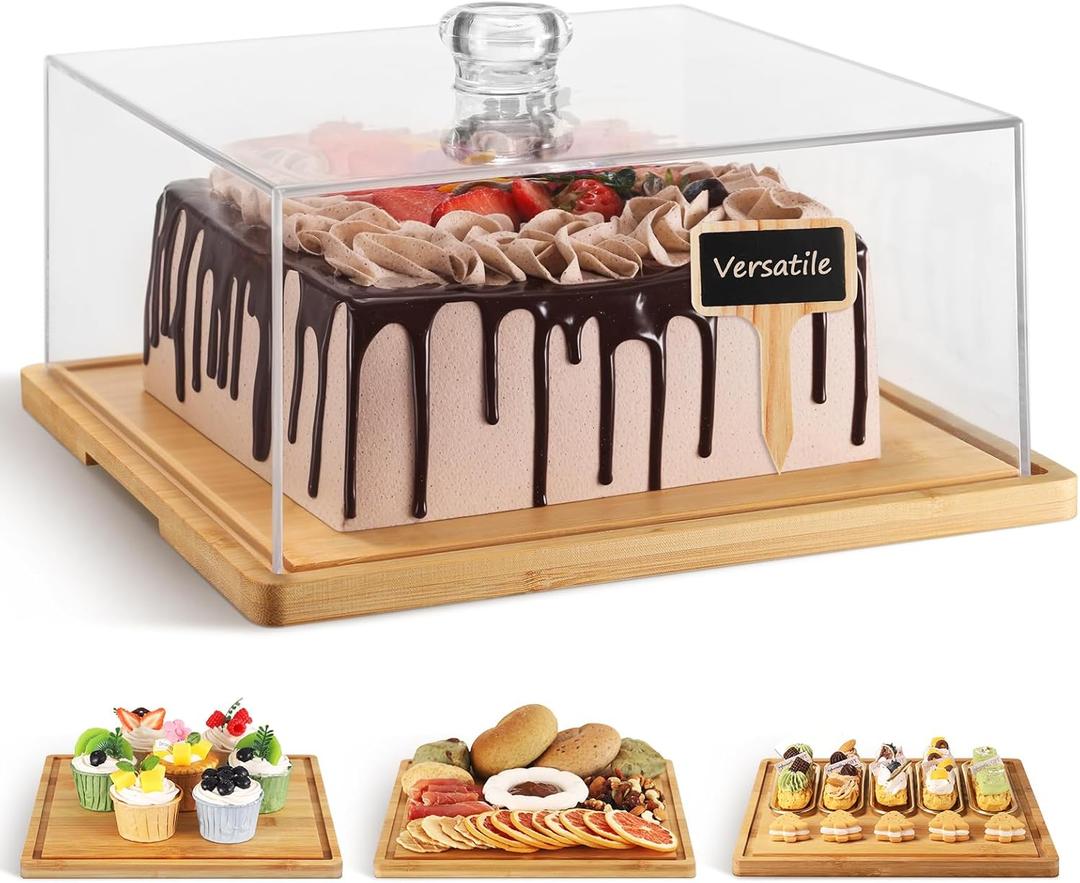 Square Cake Stand with Lid11in Bamboo Cake Stand with DomeDessert Display Stand with Acrylic Cover for CheesePieChips & DipsServing Platter with Cover for Kitchen/Party/Wedding/Birthday