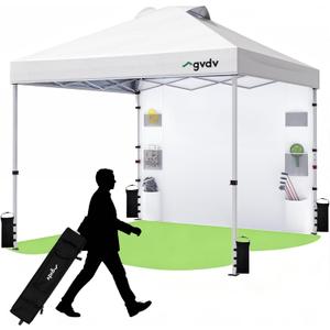 GVDV 10x10 Pop Up Canopy Tent with Pocket Sidewall, Beach Tent with One Push Setup, Outdoor Sun Shade for Events, Parties, Camping - Gazebo with Wheelbag and 4 Weight Bags, White, CP23