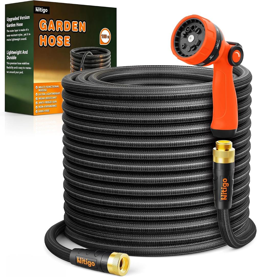 Nitigo Ultra Lightweight Garden Hose 100FT, Non-Expanding Water Hose with 10-Function Nozzle, Wear-Resistant Nylon Outer Layer, No-Kink, Leak-Proof, Burst 280 PSI for Yard, Outdoor (3/4" GHT)